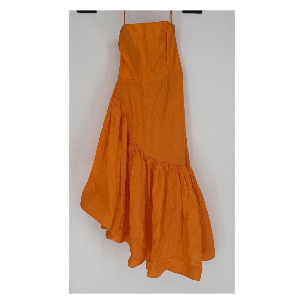 Anthro Let Me Be Orange Strapless Asymmetrical Midi Wedding Guest Dress L NWT
